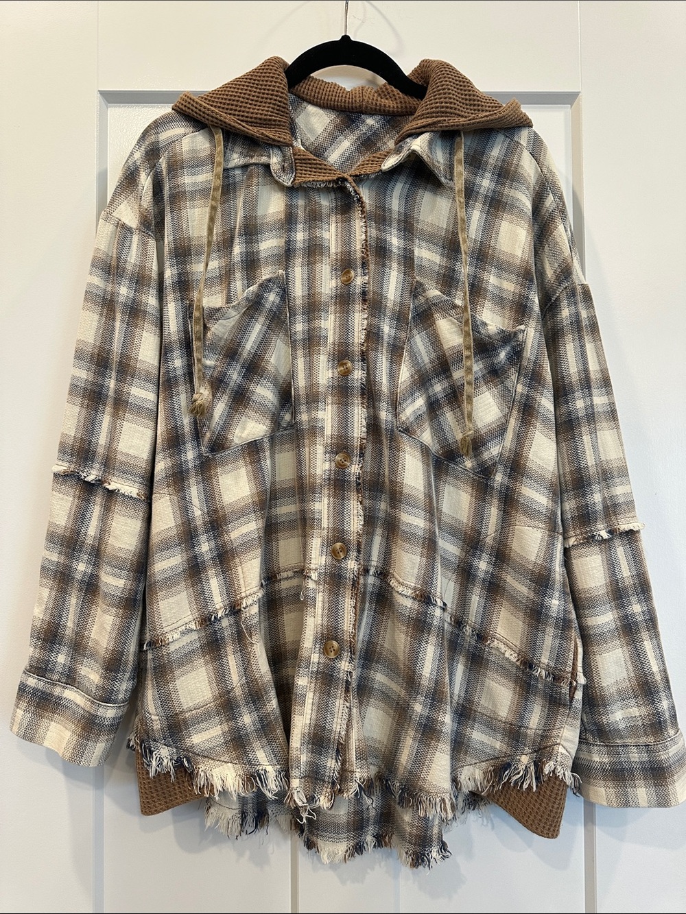 Easel Plaid Hooded Shacket, Size Small